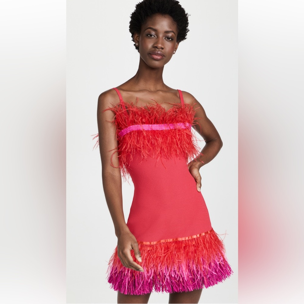STAUD Feather-Trimmed Mini Dress in Red and Pink